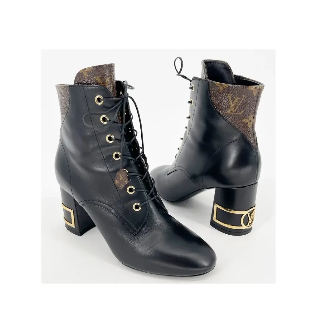 Louis Vuitton 2020 Bliss Black Leather Monogram LV Canvas Ankle Boots EU 37.5 - Picture 1 of 15